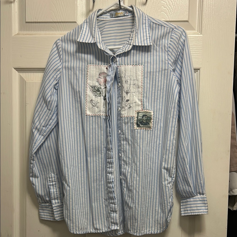 Blue Striped Button-Up Shirt with Floral Patch